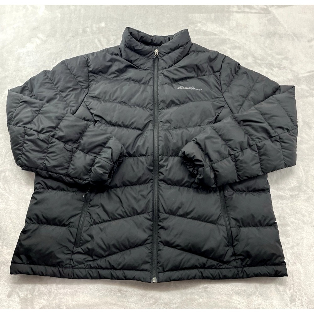 Eddie Bauer Chevron Down Jacket Women 2XL Black EB650 Puffer Quilted Mock Neck